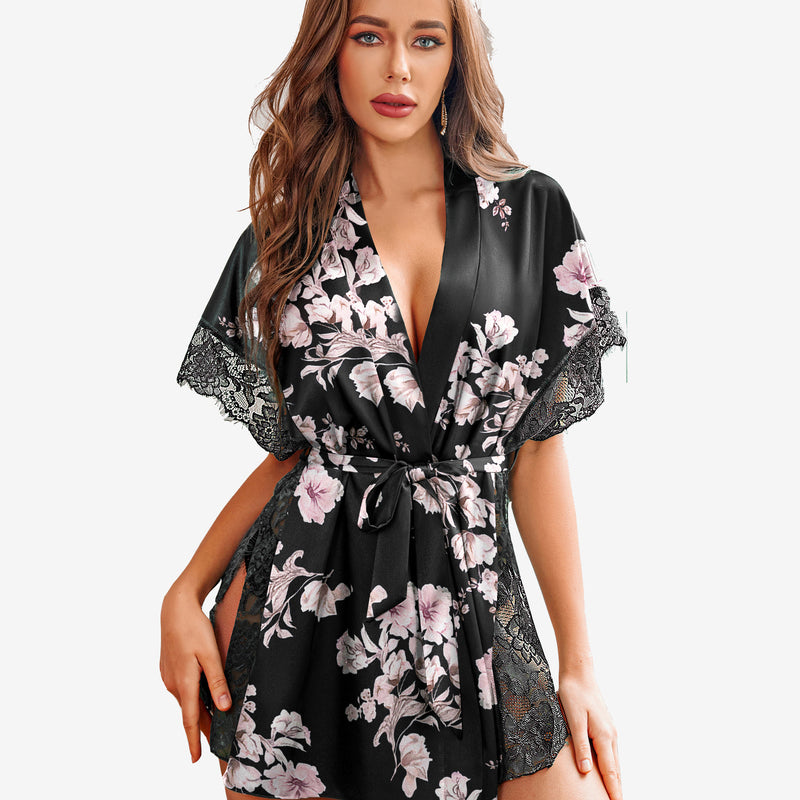 Satin eyelash sleepwear robe with floral print, side split, a comfortable and luxurious design.