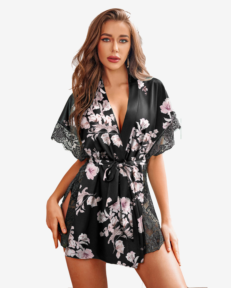 Satin eyelash sleepwear robe with floral print, side split, a comfortable and luxurious design.