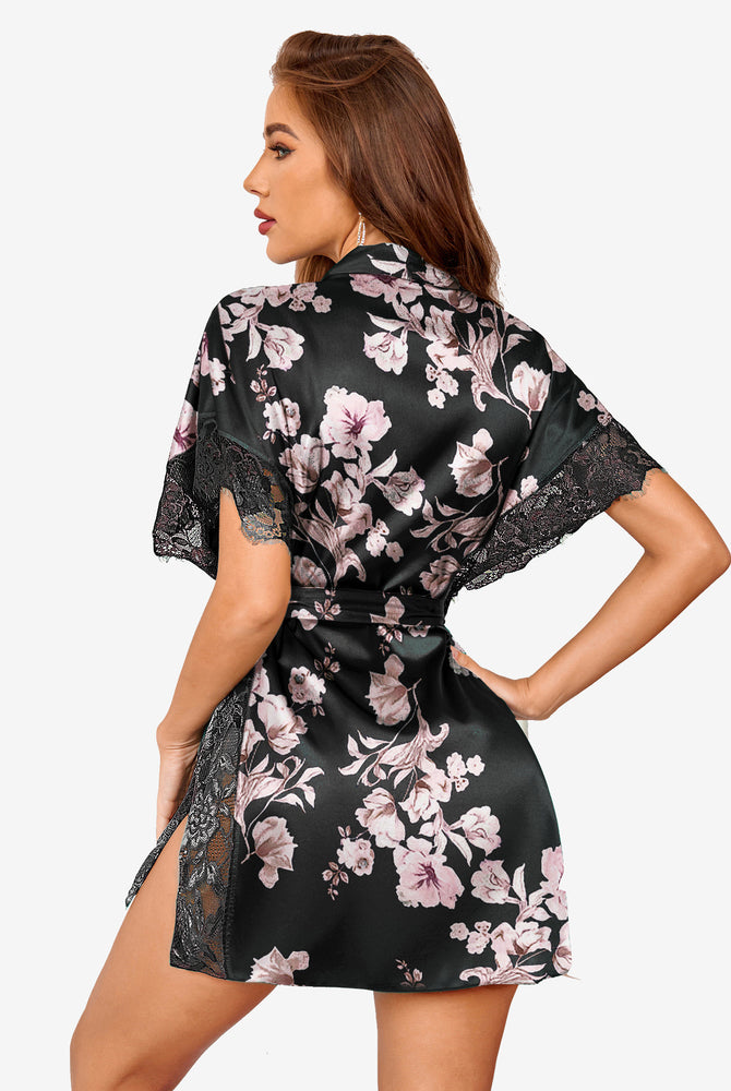 Black floral satin robe with eyelash lace trim and side split, perfect for luxurious sleepwear.