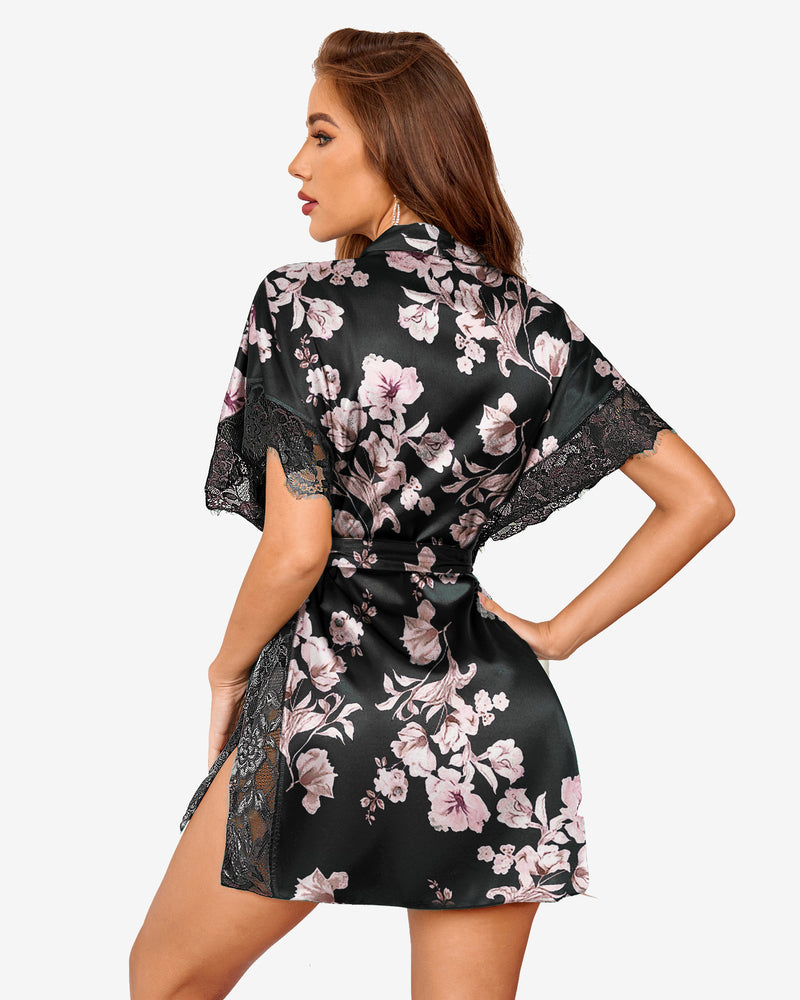 Black floral satin robe with eyelash lace trim and side split, perfect for luxurious sleepwear.