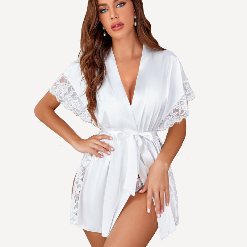 White satin kimono robe with eyelash lace trim, waist tie, side split. Elegant lingerie design.