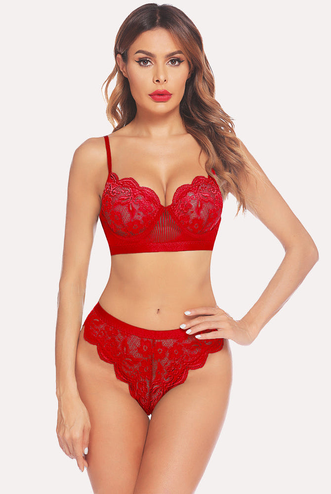 Red lace lingerie set with adjustable straps and scalloped edges; sexy two-piece set for women