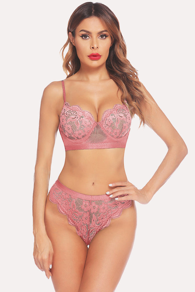 Pink lace bra and panty set; adjustable straps, sexy two-piece lingerie for women