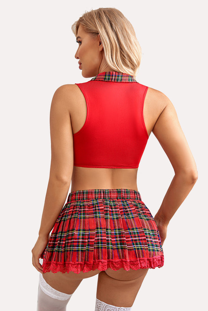 Red plaid mini skirt and crop top lingerie set for women, sexy schoolgirl roleplay outfit