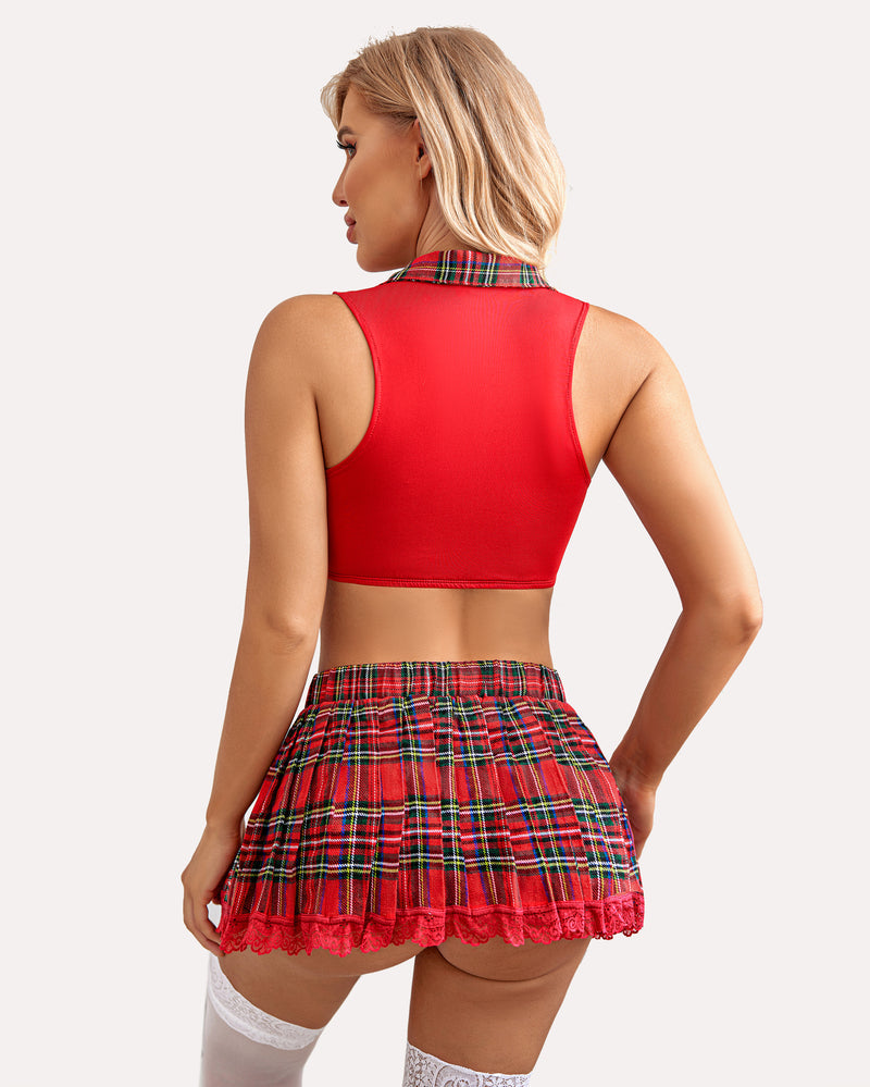 Red plaid mini skirt and crop top lingerie set for women, sexy schoolgirl roleplay outfit