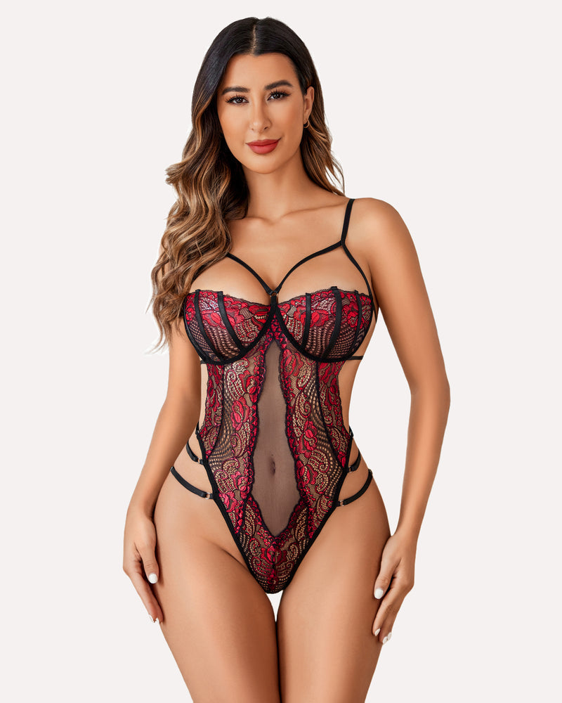 Red and Black Lace Bodysuit with Strappy Design