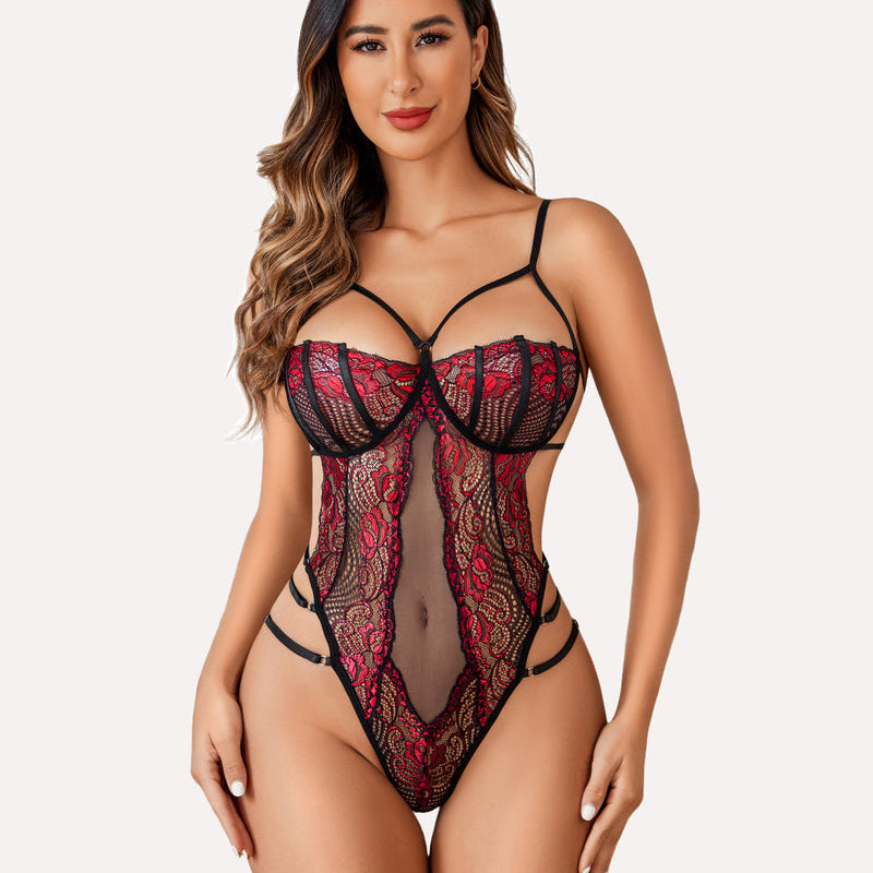 Red and black lace bodysuit with floral lace, mesh details, and adjustable straps. Sexy lingerie.