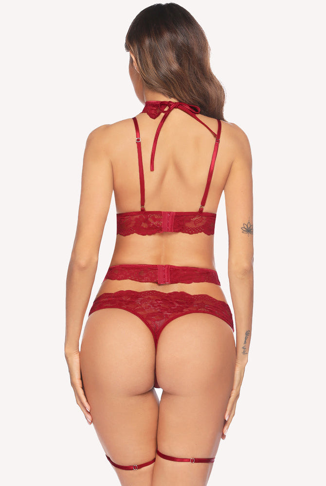 Red lace lingerie set with garter belt and choker featuring adjustable straps for women