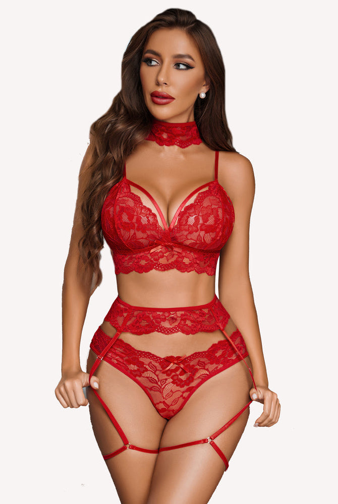 Red lace lingerie set with garter belt and choker. Sexy lingerie design, adjustable straps.