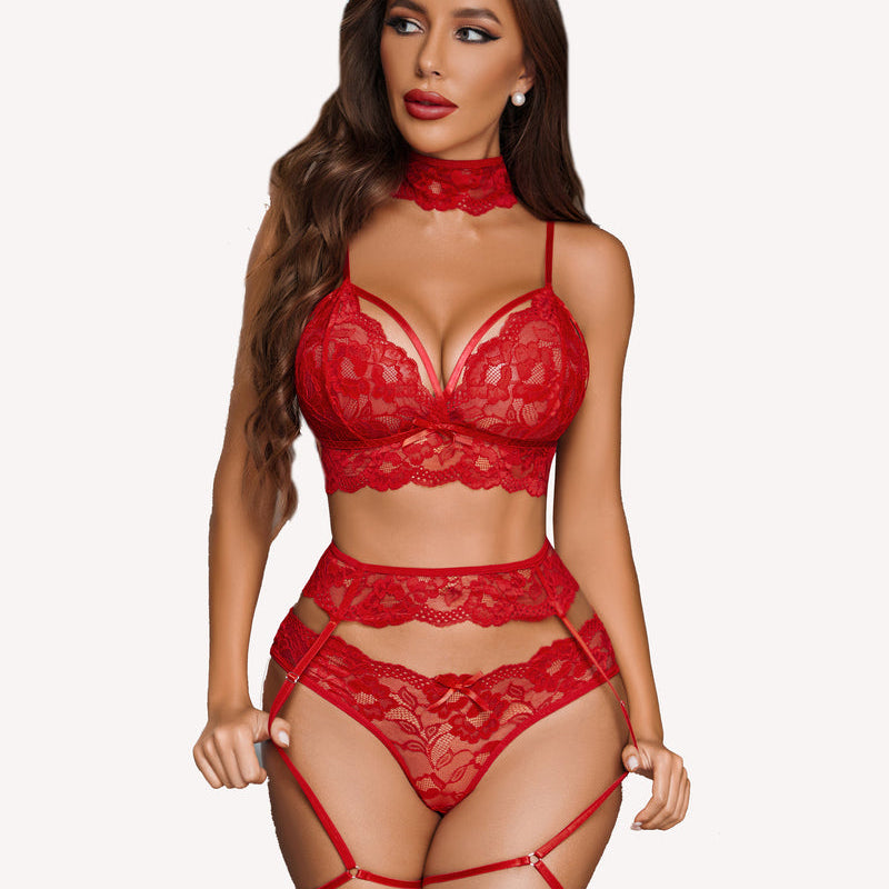 Red lace lingerie set with garter belt and choker. Sexy lingerie design, adjustable straps.
