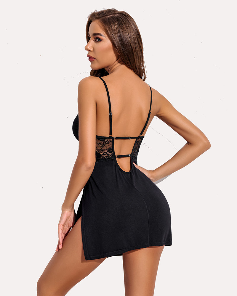 Black chemise with lace back detail and side slit, perfect for confidence and comfort