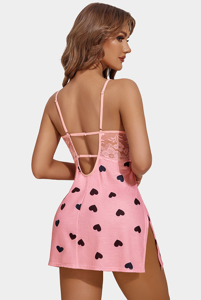 Pink heart-print chemise with lace back and side slits. Avidlove lingerie for confidence