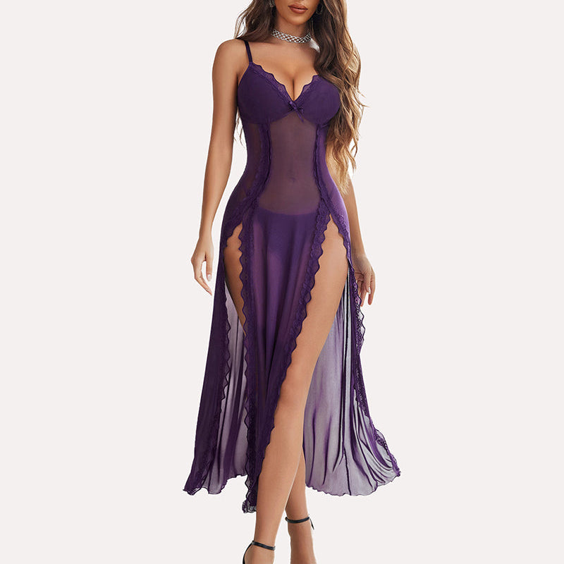 Purple lace mesh nightgown with side splits. Sexy and feminine lingerie.