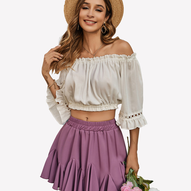 Purple pleated skater skirt with white top and straw hat, summer outfit, elastic waist, by Avidlove.