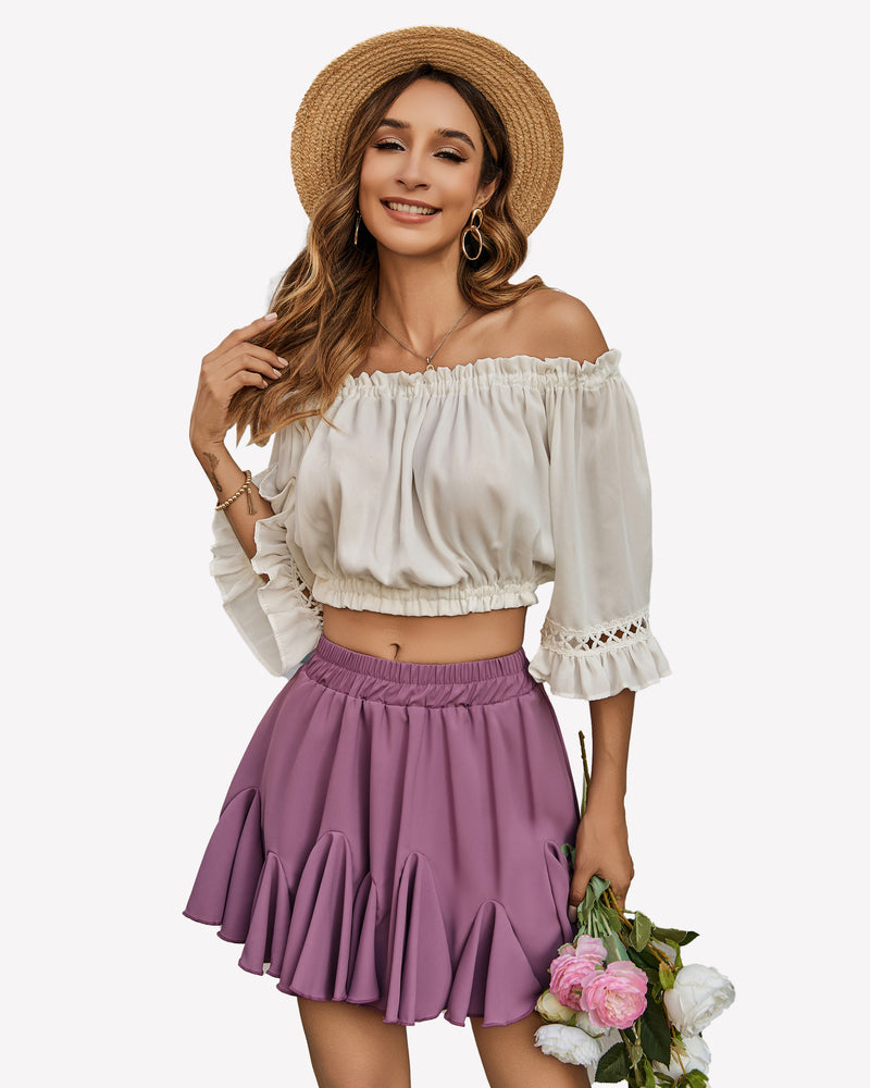 Purple pleated skater skirt with white top and straw hat, summer outfit, elastic waist, by Avidlove.