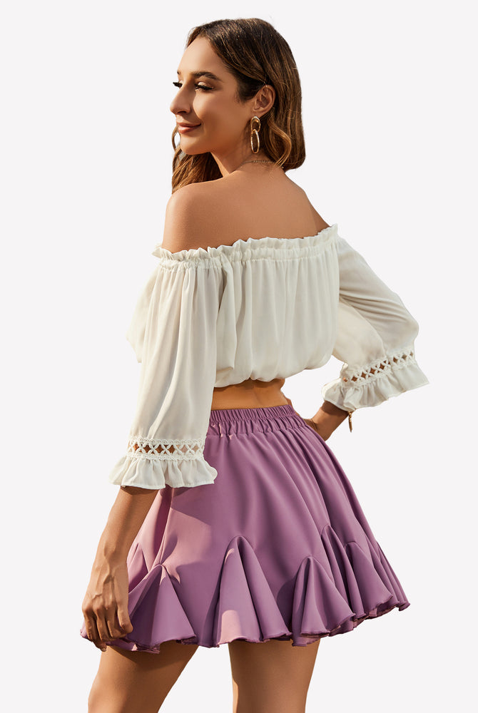 Purple pleated skater skirt with white off-shoulder top, summer outfit, Avidlove.