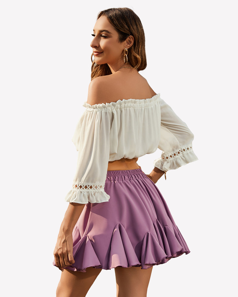Purple pleated skater skirt with white off-shoulder top, summer outfit, Avidlove.
