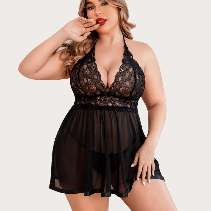Plus Size Black Lace Babydoll Lingerie Set with Halter Neck and Matching Thong