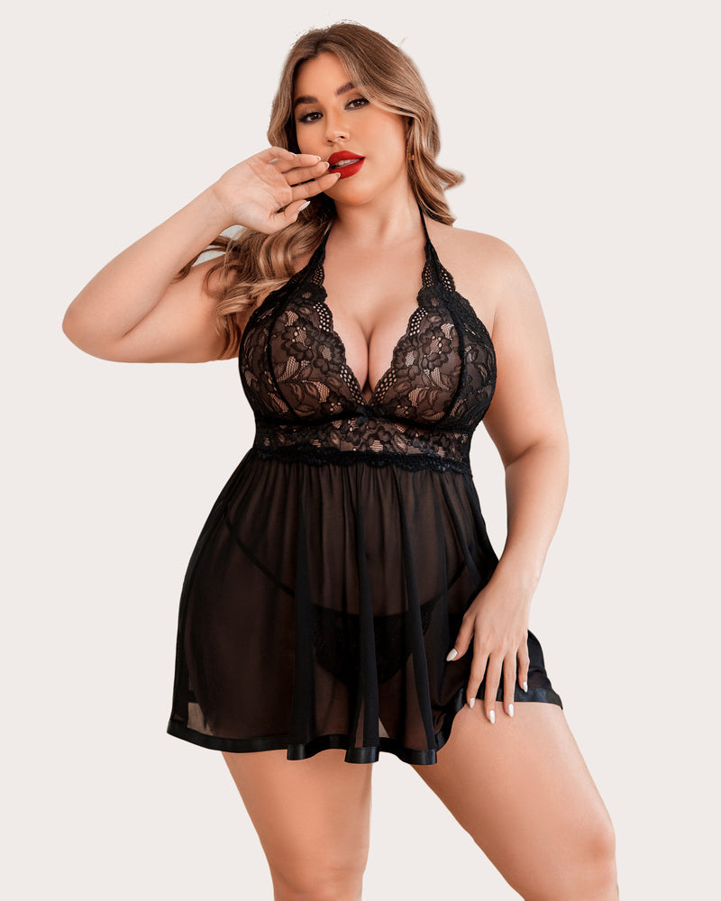 Plus Size Black Lace Babydoll Lingerie Set with Halter Neck and Matching Thong