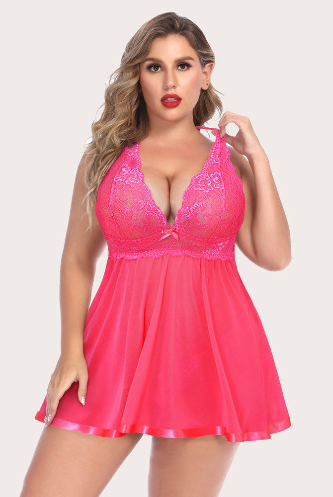 Plus size fuchsia pink lace babydoll lingerie set with halter neck and satin trim