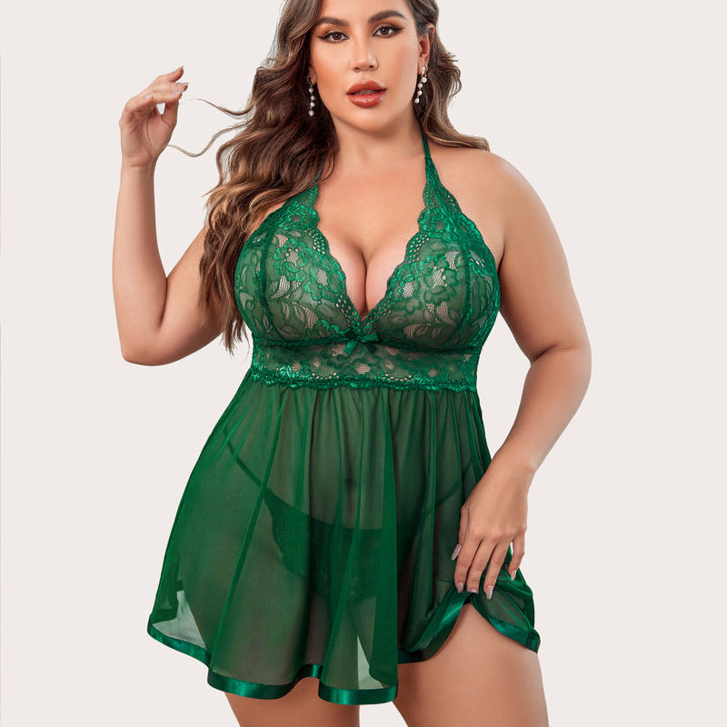 Plus size emerald green lace babydoll set, halter neck, sheer skirt. Luxe, flattering lingerie.