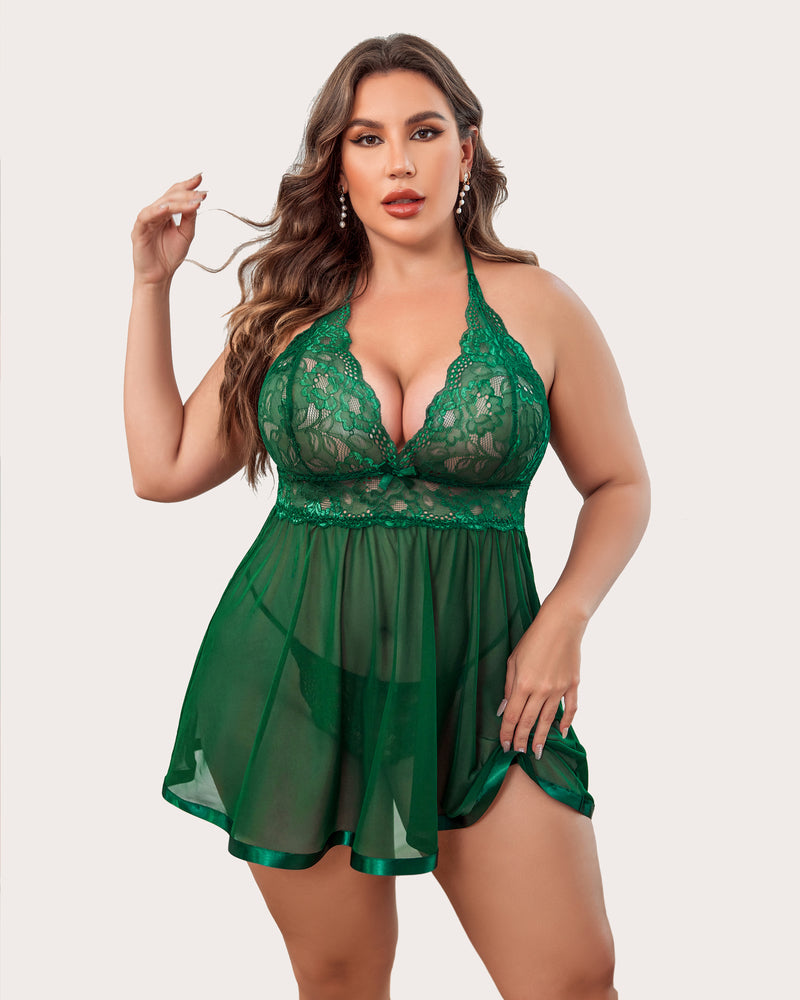 Plus size emerald green lace babydoll set, halter neck, sheer skirt. Luxe, flattering lingerie.