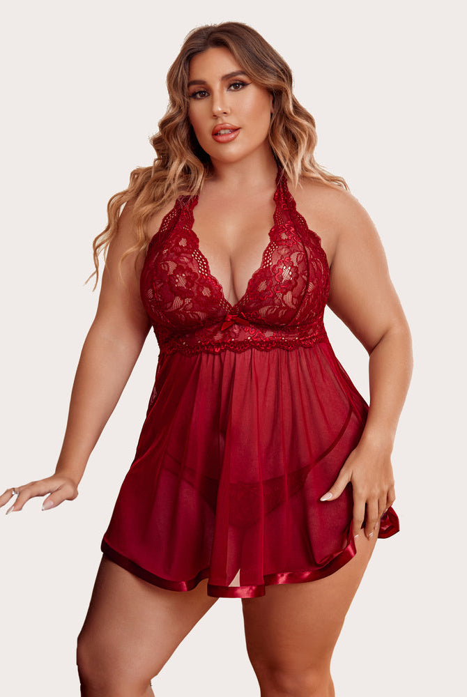 Plus Size Red Lace Babydoll Lingerie Set with Halter Neck and Satin Trim