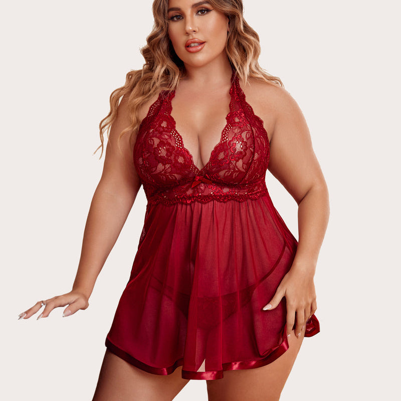 Plus Size Red Lace Babydoll Lingerie Set with Halter Neck and Satin Trim