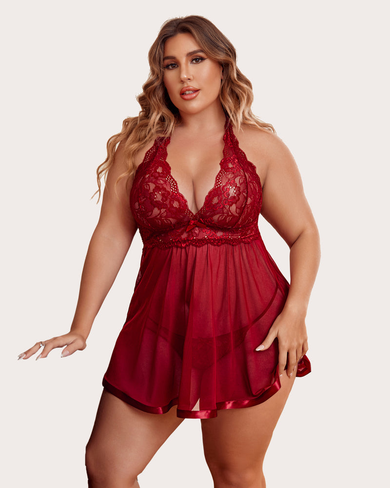 Plus Size Red Lace Babydoll Lingerie Set with Halter Neck and Satin Trim