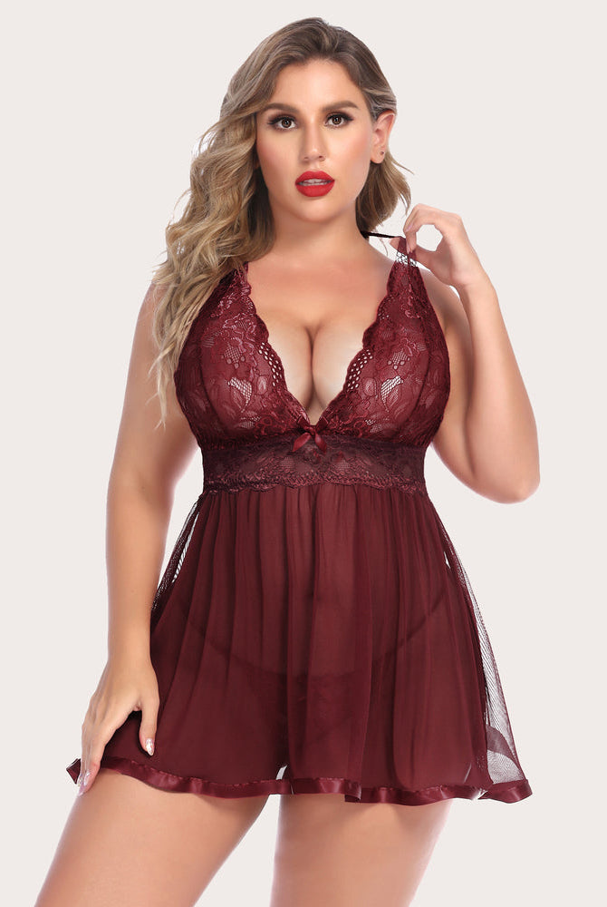 Plus Size Burgundy Lace Babydoll Lingerie Set with Halter Neck and Satin Trim