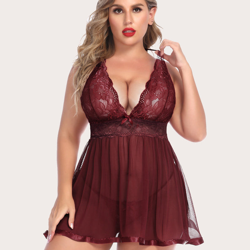 Plus Size Burgundy Lace Babydoll Lingerie Set with Halter Neck and Satin Trim