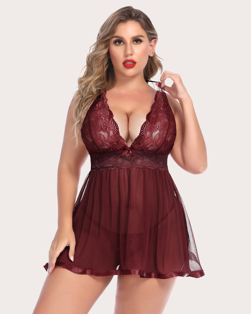 Plus Size Burgundy Lace Babydoll Lingerie Set with Halter Neck and Satin Trim
