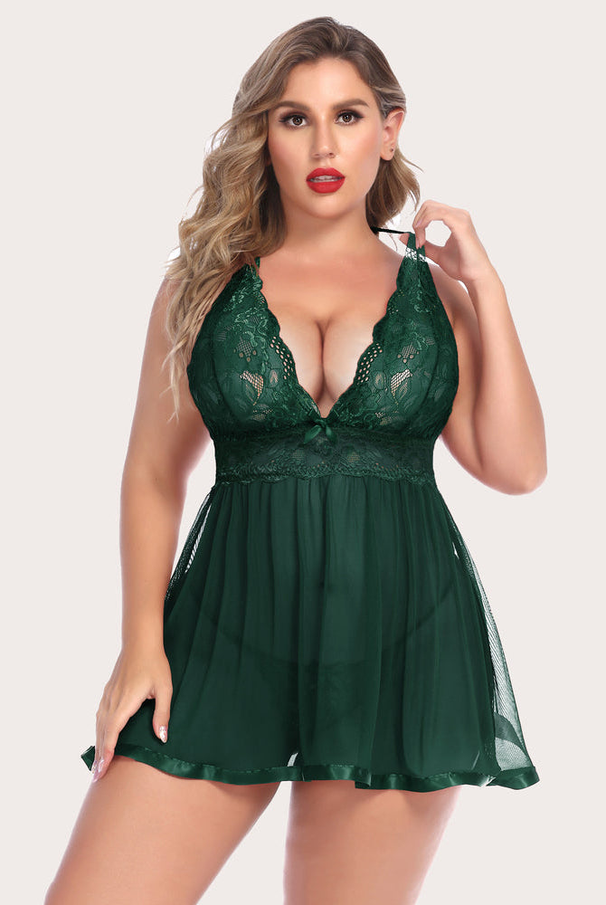 Plus Size Green Lace Babydoll Lingerie Set with Halter Neck and Satin Trim, sheer skirt