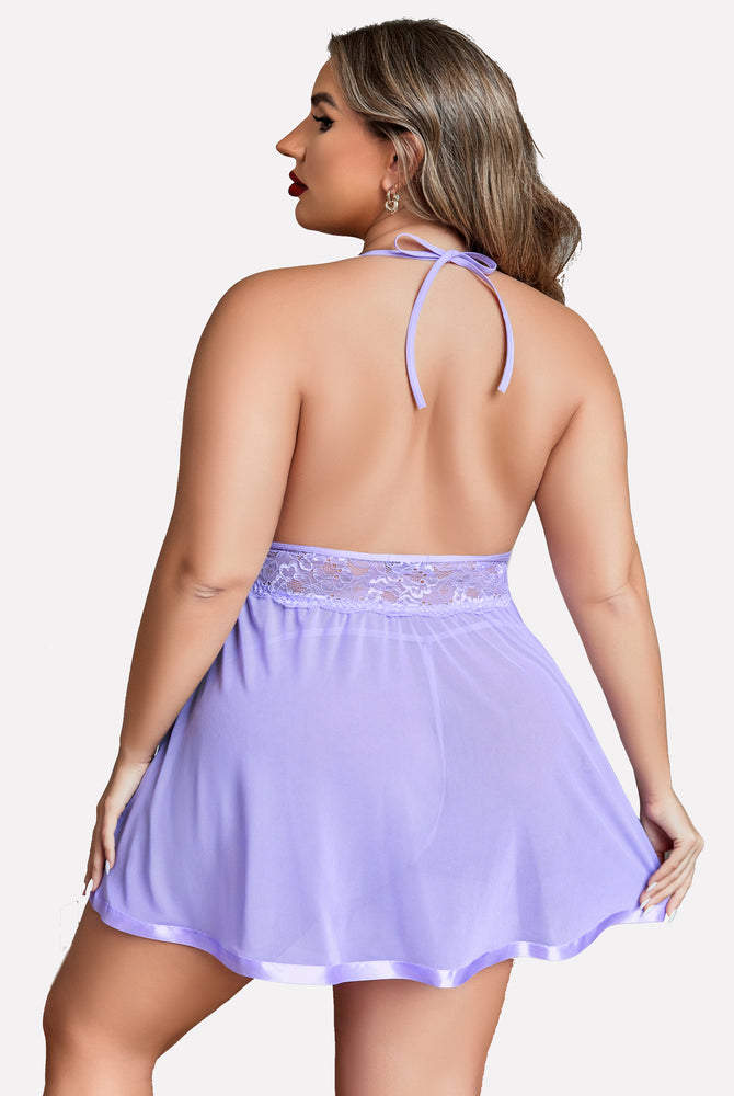 Plus size lilac sheer babydoll lingerie with halter neck, lace details and satin trim.