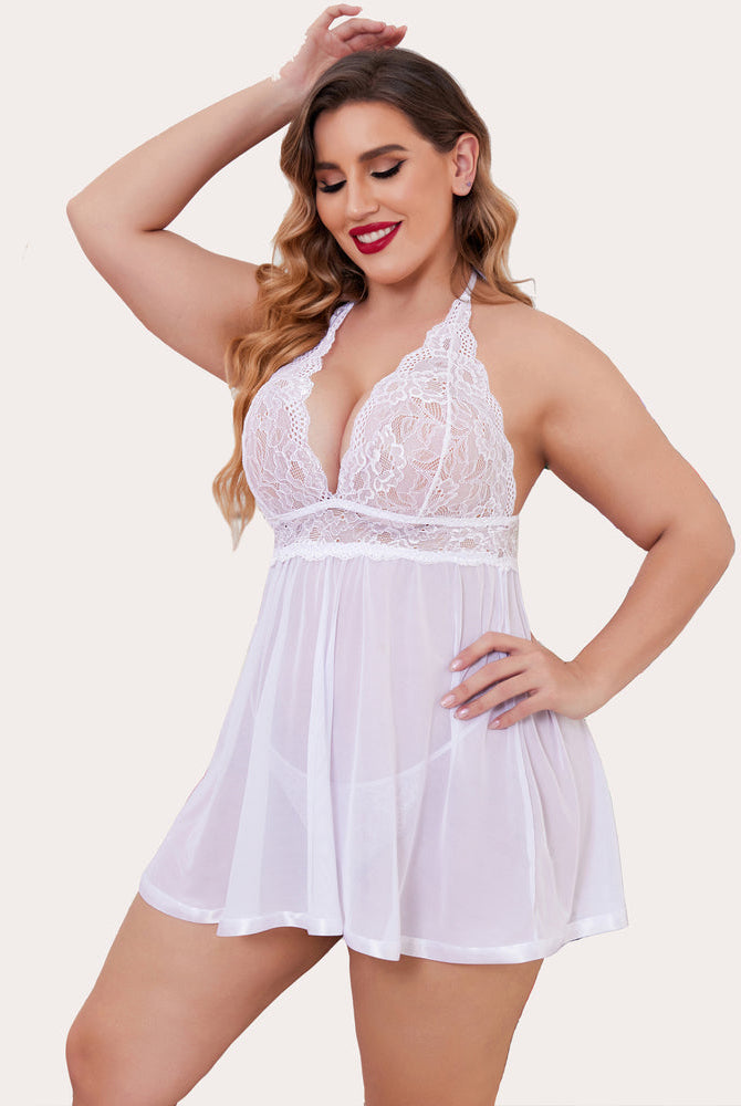 Plus size white lace babydoll lingerie set with halter neck and sheer skirt, elegant and sexy.