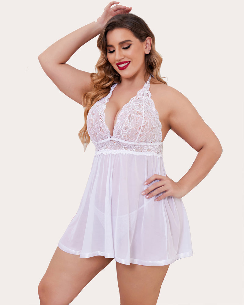 Plus size white lace babydoll lingerie set with halter neck and sheer skirt, elegant and sexy.