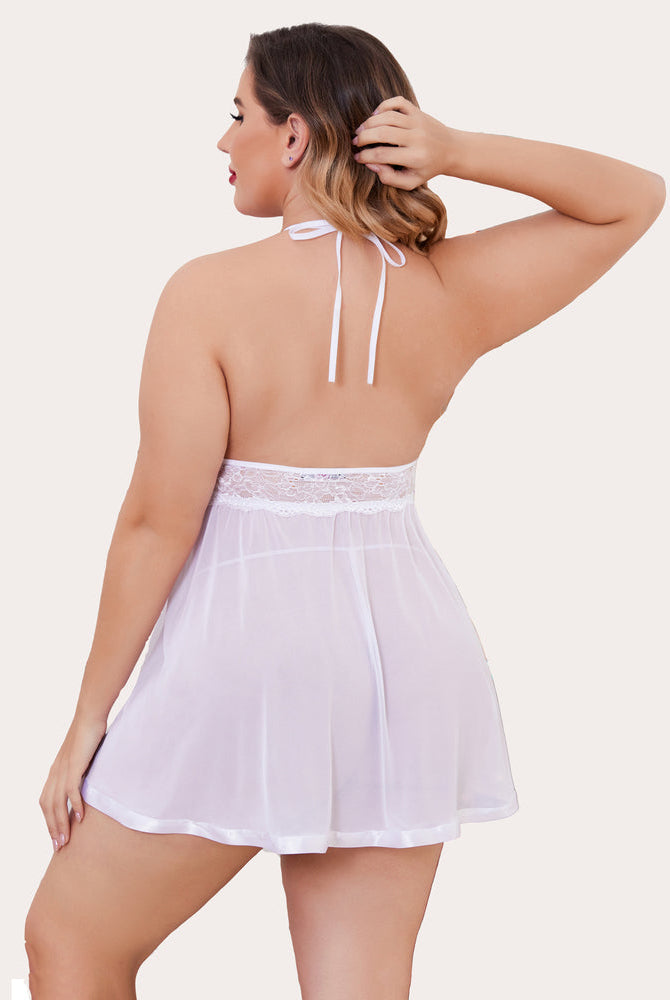 Plus Size White Sheer Babydoll Lingerie Set with Halter Neck and Lace Detailing