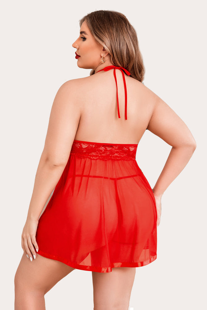 Plus Size Red Sheer Babydoll Lingerie Set with Halter Neck and Lace Detailing