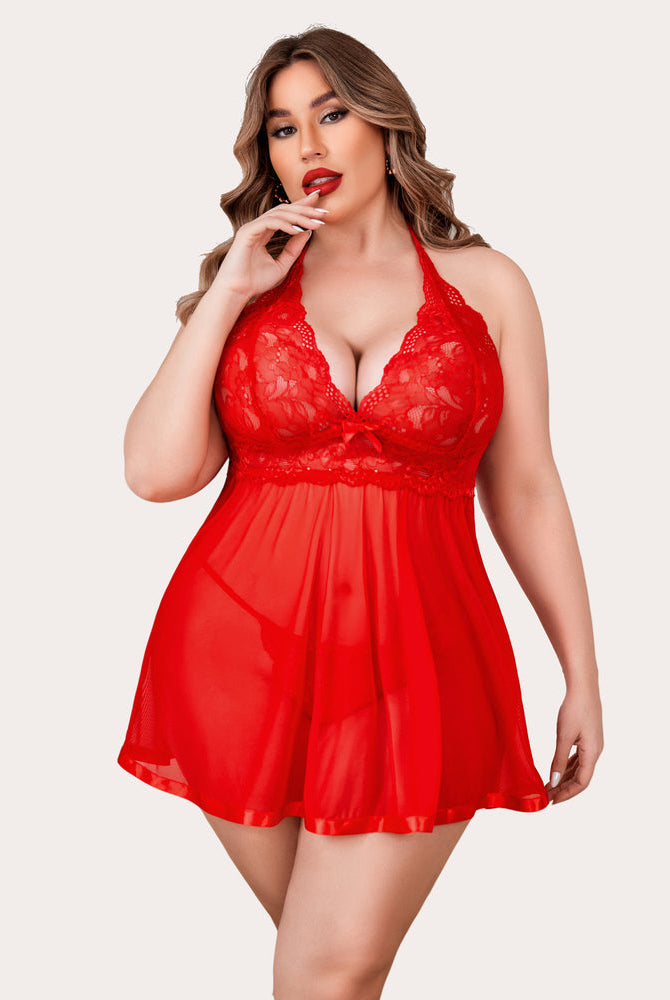 Plus size red lace babydoll lingerie set with halter neck and satin trim, matching thong