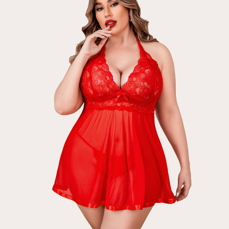 Plus size red lace babydoll lingerie set with halter neck and satin trim, matching thong