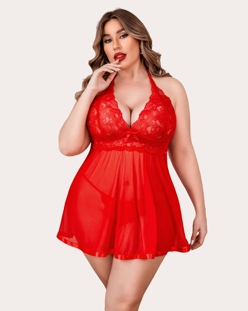 Plus size red lace babydoll lingerie set with halter neck and satin trim, matching thong
