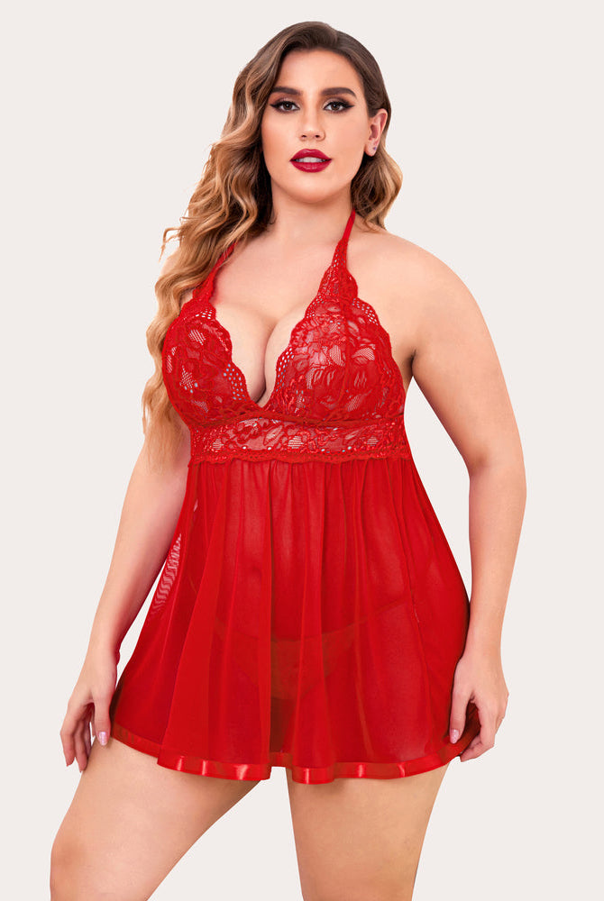 Plus Size Red Lace Babydoll Lingerie Set with Halter Neck and Satin Trim for a charming look.