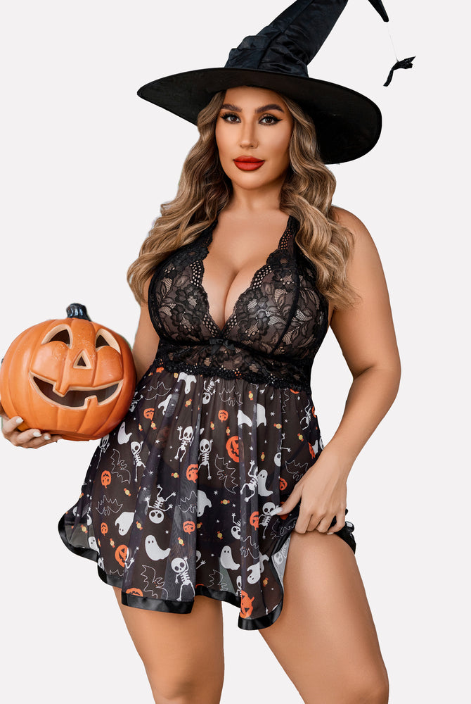 Plus Size Halloween Lace Babydoll with Halter Neck, black lingerie with themed prints.
