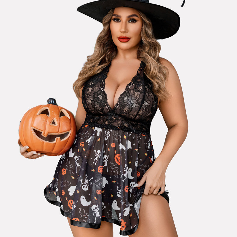 Plus Size Halloween Lace Babydoll with Halter Neck, black lingerie with themed prints.