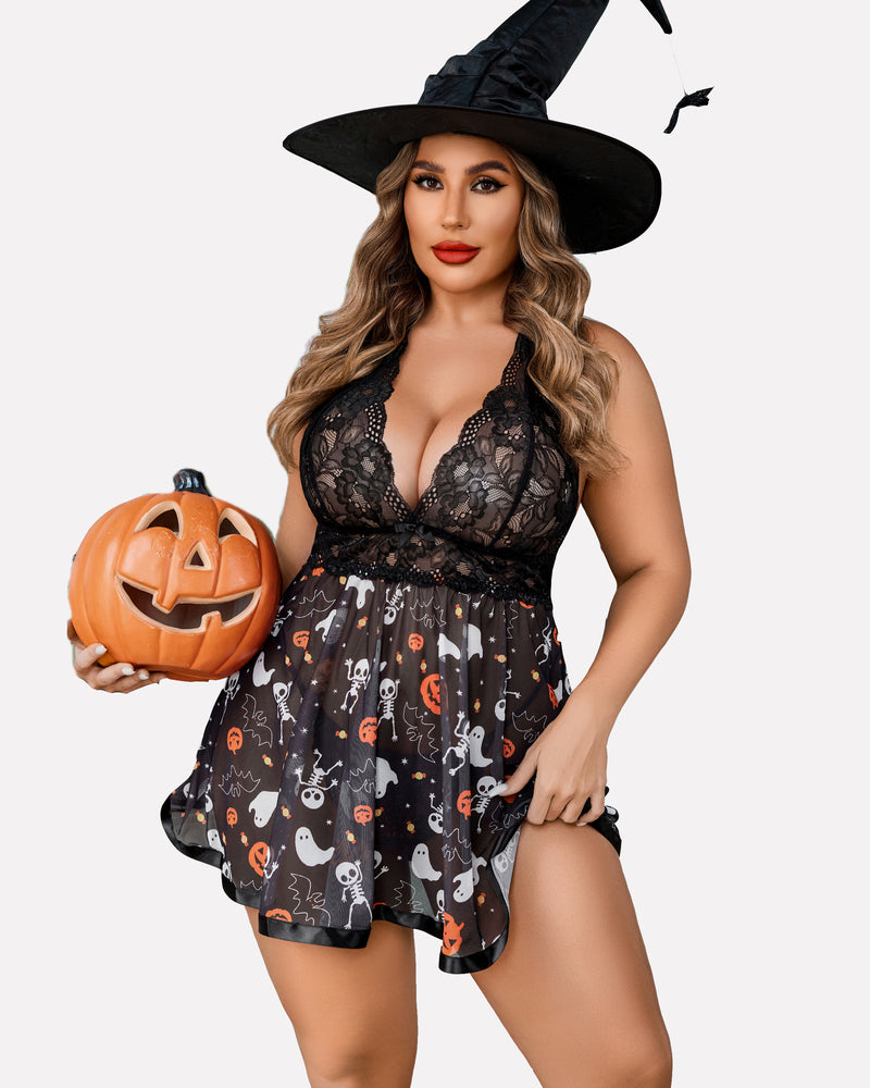 Plus Size Halloween Lace Babydoll with Halter Neck, black lingerie with themed prints.