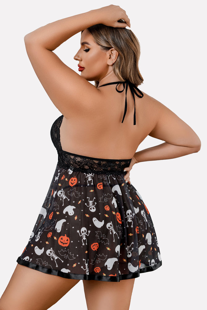 Plus Size Black Lace Halloween Babydoll Lingerie with Halter Neck and Themed Prints