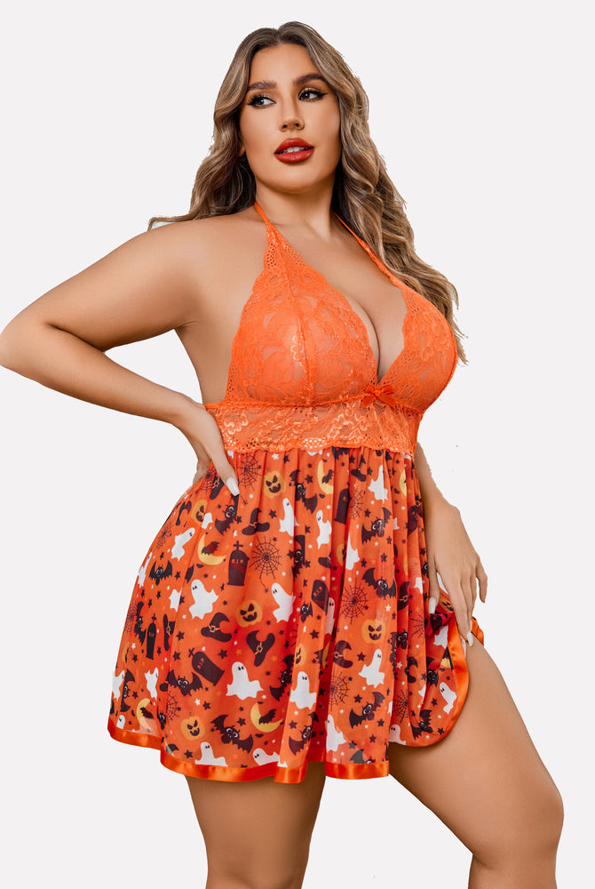 Plus size orange Halloween babydoll lingerie set with lace halter neck and themed print.