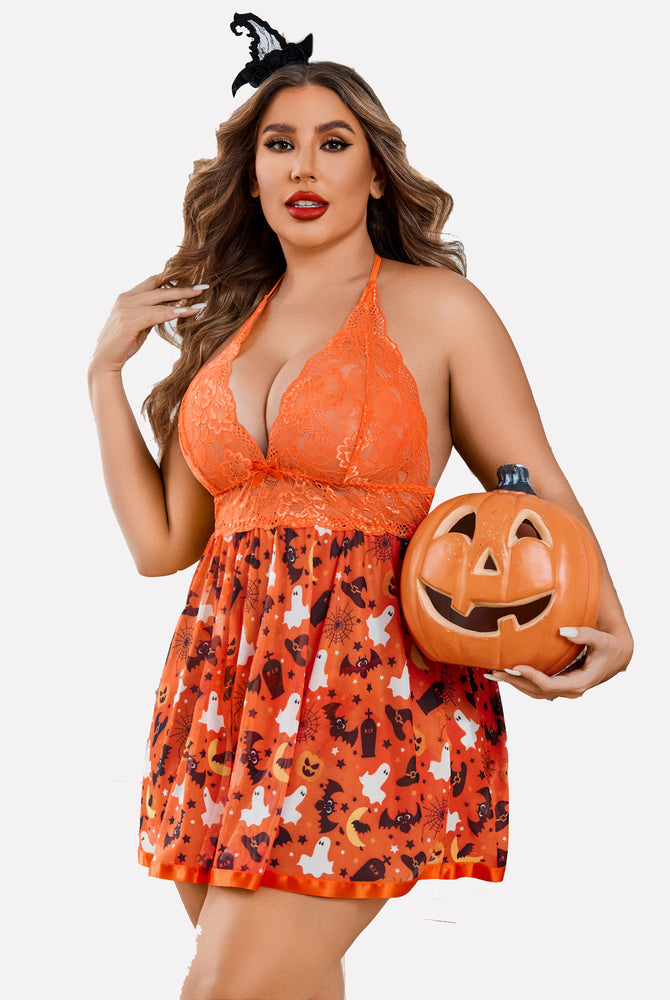 Plus size Halloween lace babydoll lingerie set with halter neck and themed prints, orange and sexy.