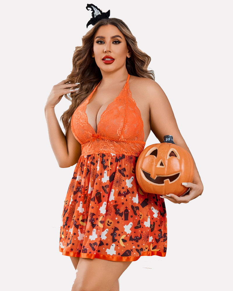 Plus size Halloween lace babydoll lingerie set with halter neck and themed prints, orange and sexy.