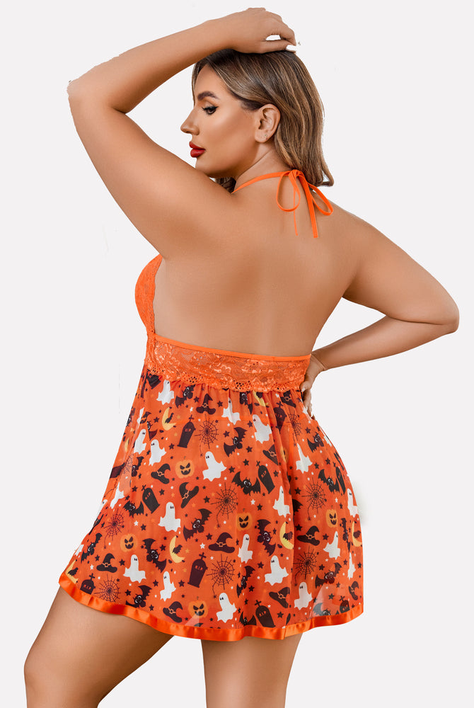 Plus size orange Halloween lace babydoll lingerie with themed prints and halter neck.